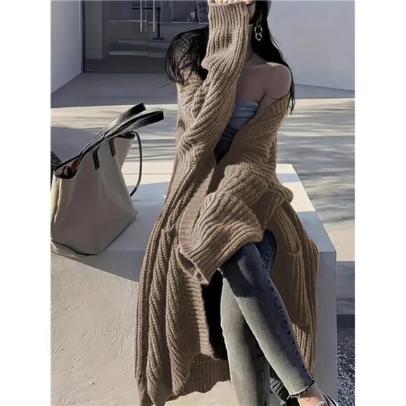 Womens Long Cardigan Sweaters Open Front Oversized Light Brown - Picture 2 of 5